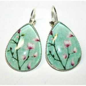 Fashion Earrings Pale Green Pink Flowers On Stems